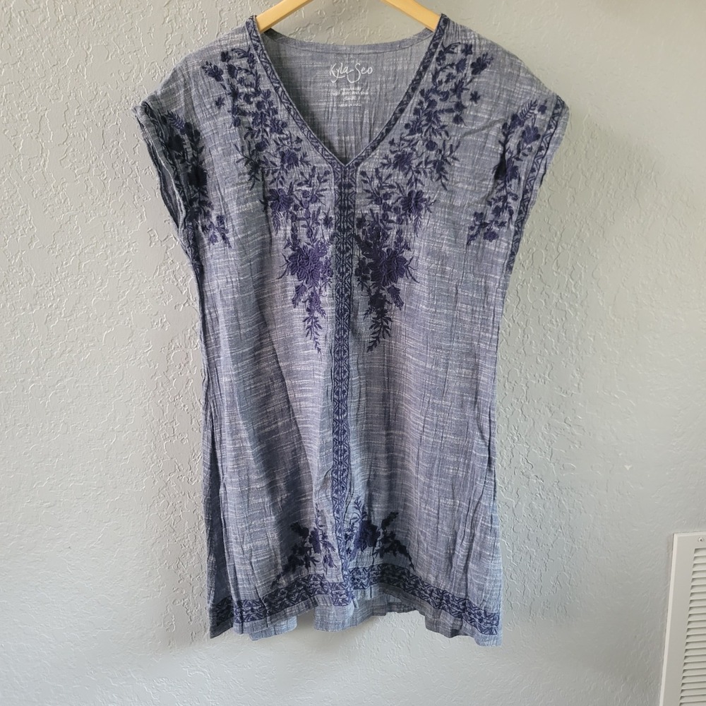 Kyla Seo Small Blue Embroidered Floral Tunic Top V-Neck Cap Sleeve Boho